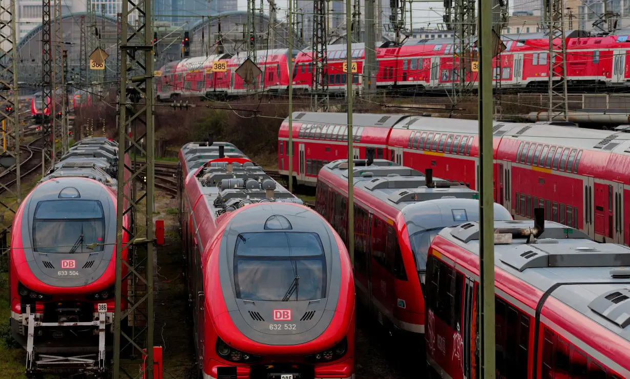 FILE PHOTO: Deutsche Bahn trains operate outside Frankfurt central station, Germany