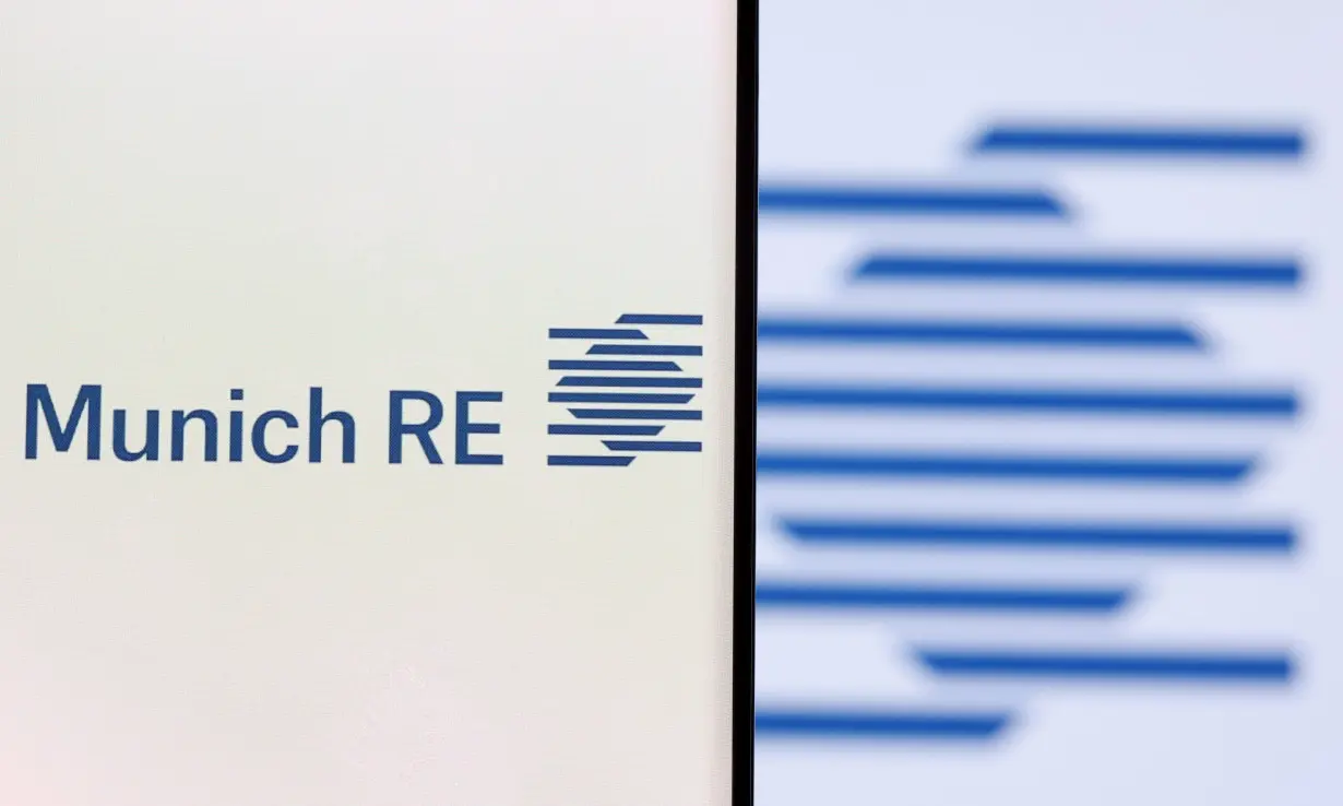 Illustration shows a smartphone with displayed Munich Re Group logo