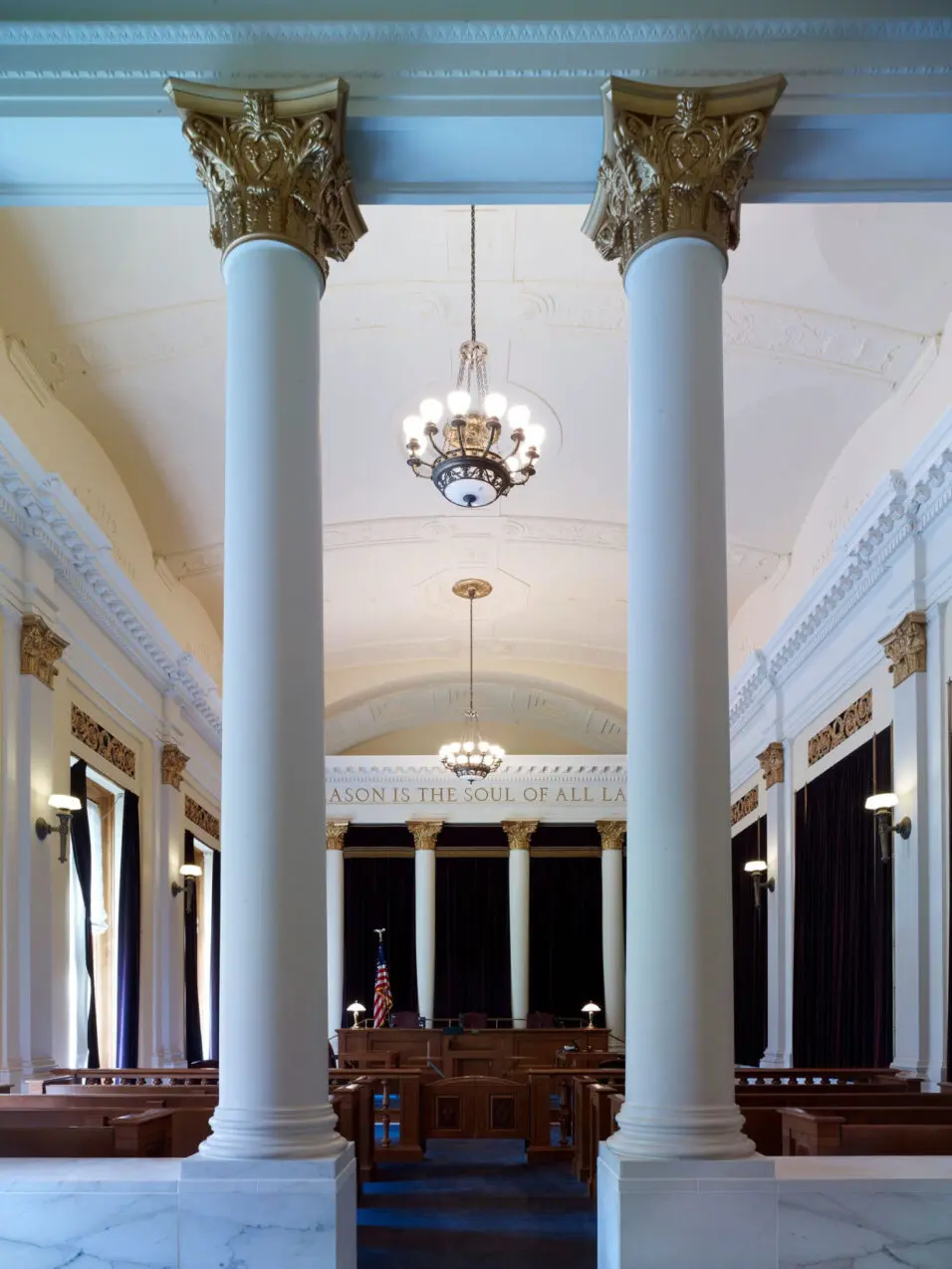 Inside a courtroom at the Byron R. White US Courthouse in Denver, Colorado.