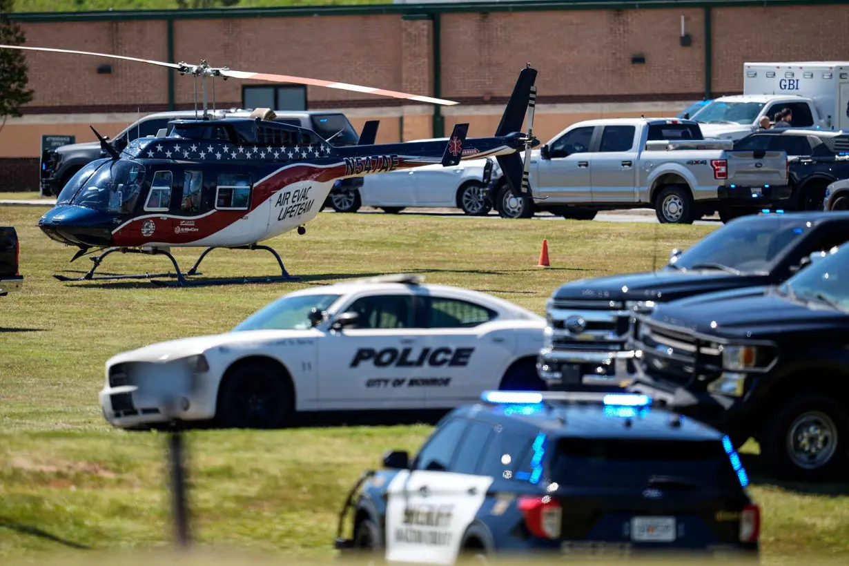 A medical helicopter is seen in front of Apalachee High School after a shooting at the school in Winder, Georgia, on September 4.