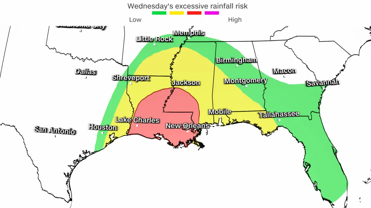 Texas will get most of its heavy rain early this week, but some of the most torrential conditions could hold off until late Tuesday night for Louisiana.