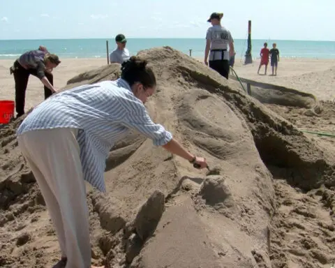 Giant beach sand sculpture created by expert, college students