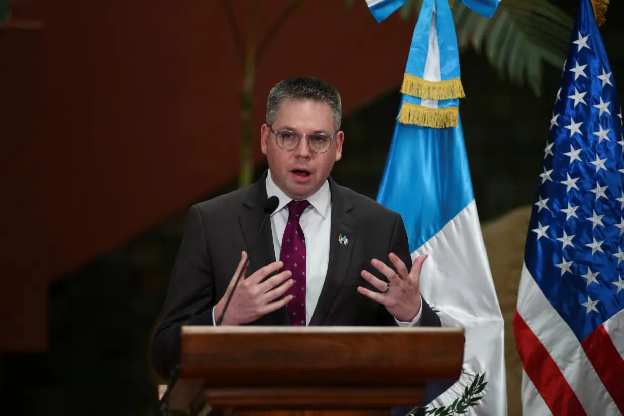 Eric Jacobstein, Deputy Assistant Secretary of the U.S. Bureau of Western Hemisphere Affairs and Guatemala's Minister of Foreign Affairs, Carlos Ramiro Martinez, hold a conference on humanitarian assistance to 135 Nicaraguans, in Guatemala City