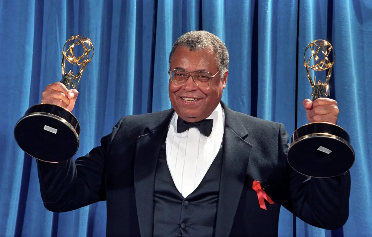 FILE PHOTO: US ACTOR JAMES EARL JONES HOLDS UP HIS TWO EMMY AWARDS IN LOS ANGELES.