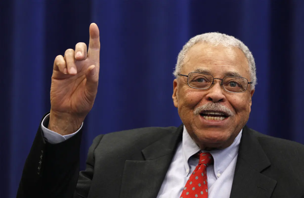 FILE PHOTO: James Earl Jones gestures as he answers a question regarding his role in Gore Vidal's upcoming Broadway production of the play 