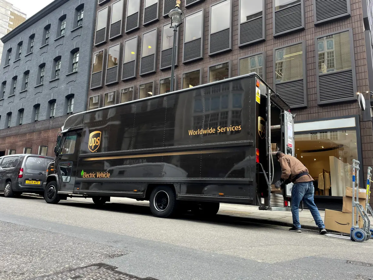 A Mercedes electric UPS delivery truck is seen in London's Mayfair shopping district