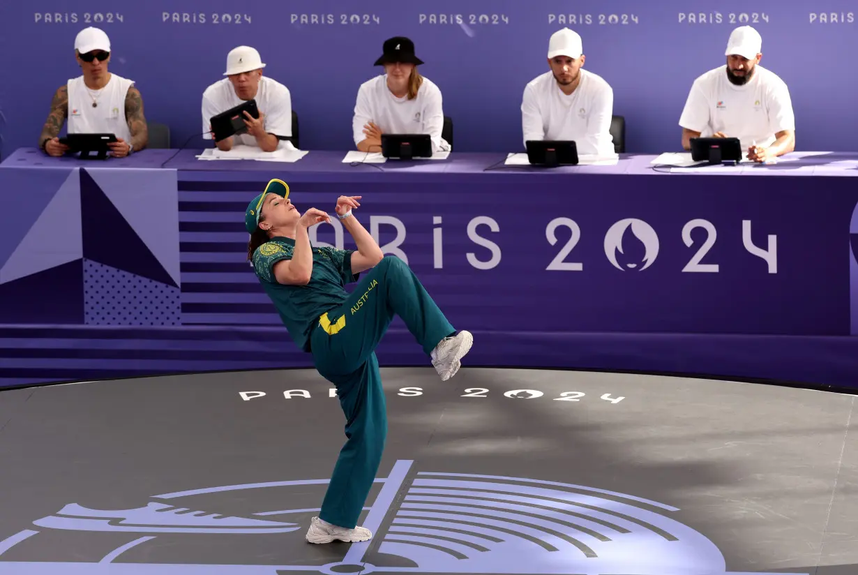 Raygun competes during the B-Girls Round Robin at the Olympics.