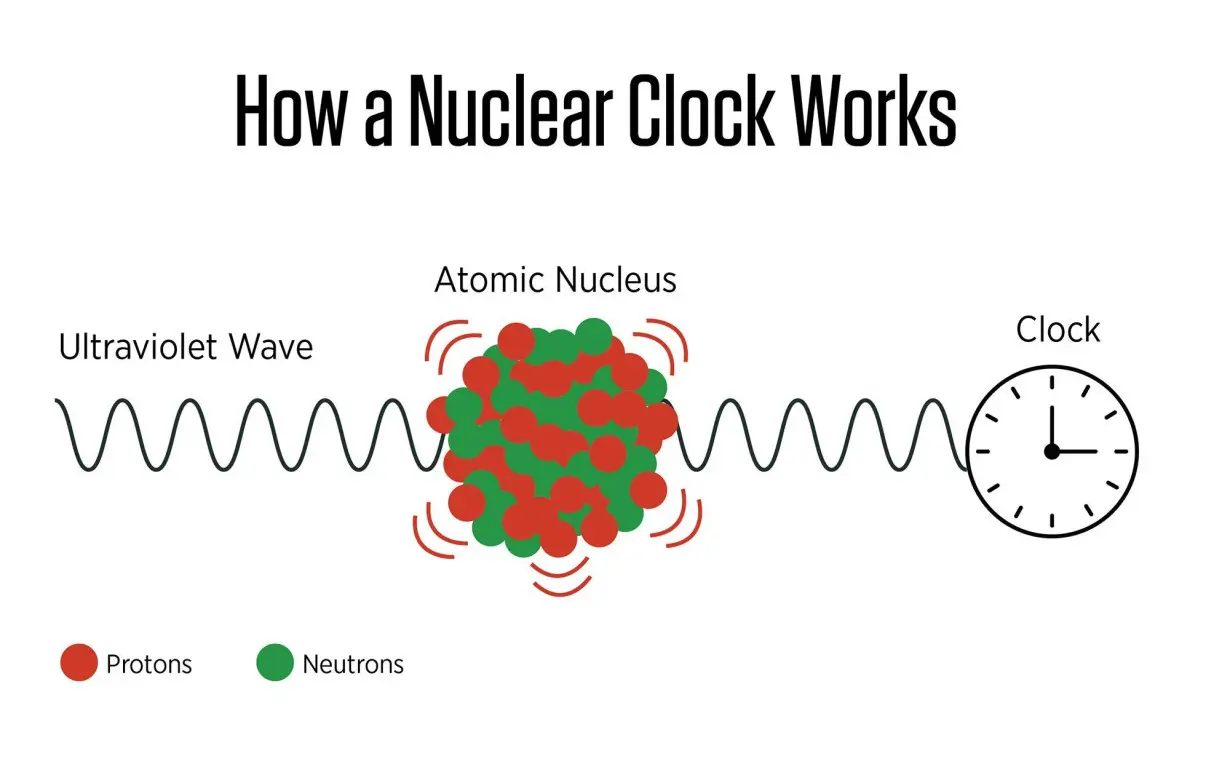 Scientists measure the frequency of energy pulses affecting an atom's nucleus by counting the waves in the UV signal. Wavelengths that can induce a nucleus transition oscillate at higher frequencies, enabling more precise time measurements, the researchers say.