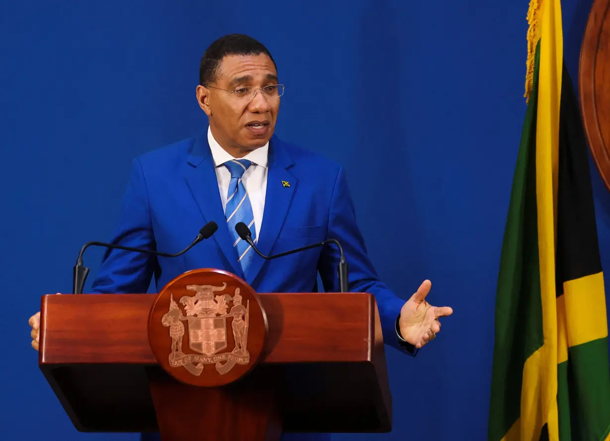 Jamaica's Prime Minister Andrew Holness and United Nation's Secretary-General Antonio Guterres at a joint press conference, in Kingston