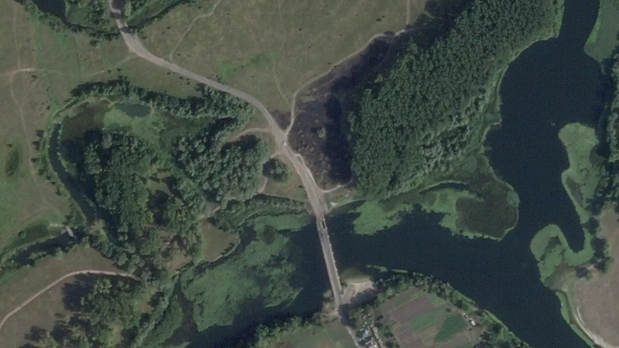 A satellite image shows a damaged bridge in Zvannoe