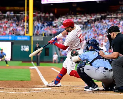 Benches clear between Philadelphia Phillies and Tampa Bay Rays after Nick Castellanos is hit by pitch