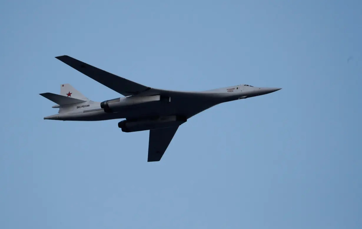 Russian Tu-160 Supersonic Bomber flies during a military parade marking the Belarus Independence Day in Minsk