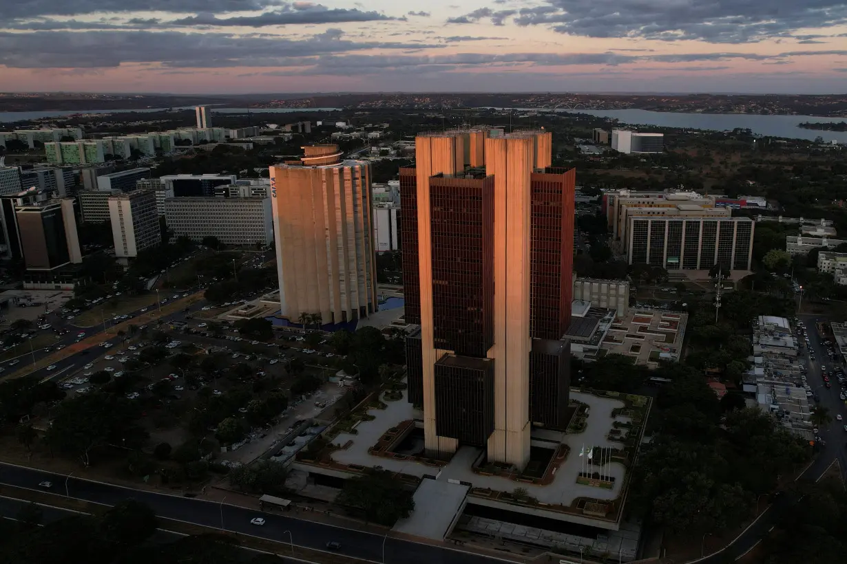 A drone view shows the Central Bank headquarters building during sunset in Brasilia