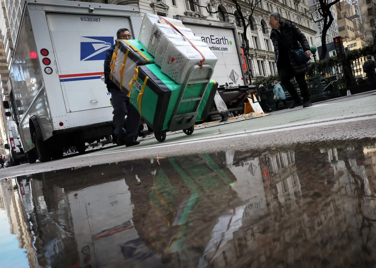 FILE PHOTO: A United States Postal Service mail delivery person pushes a cart of packages in New York