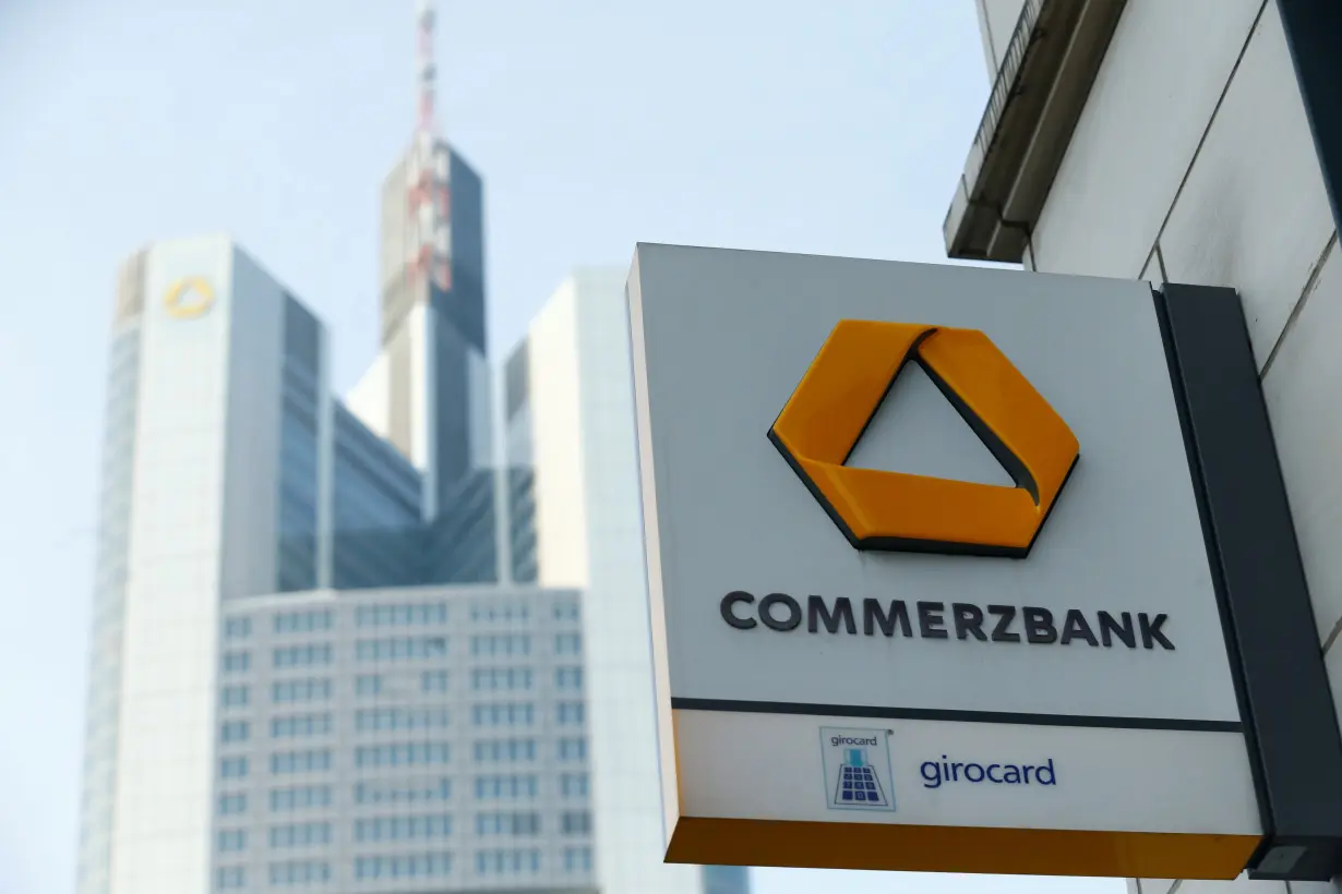 A Commerzbank logo is pictured before the bank's annual news conference in Frankfurt