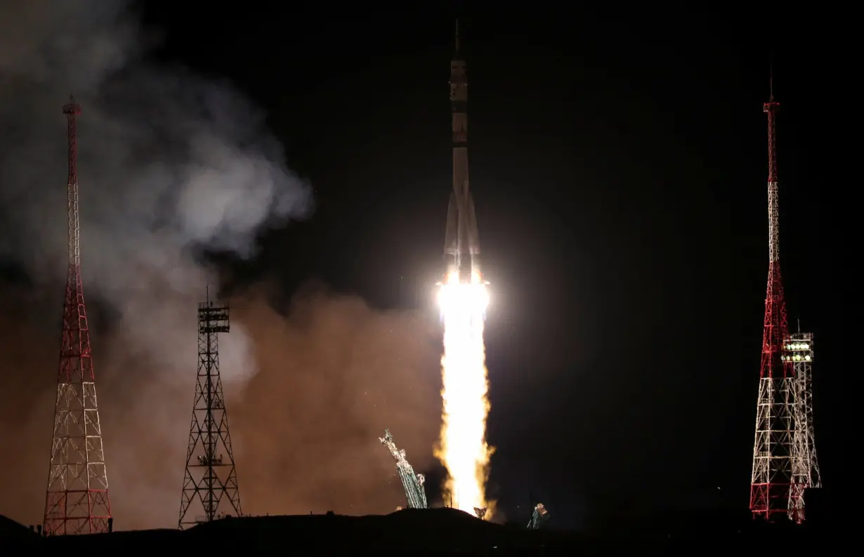 The Soyuz MS-26 spacecraft blasts off to the International Space Station (ISS) from the launchpad at the Baikonur Cosmodrome