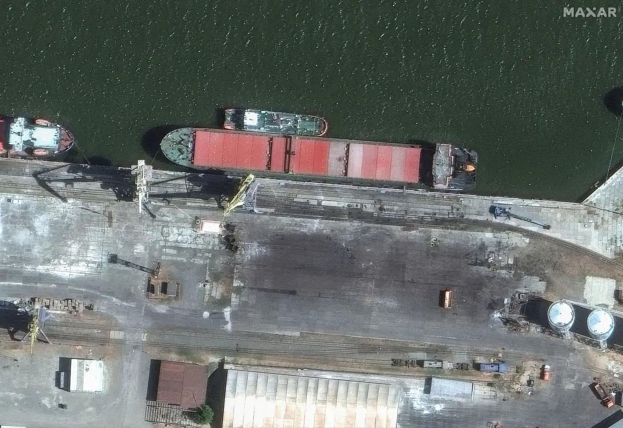 Russian ship suspected of delivering Iranian ballistic missiles seen at Caspian Sea port