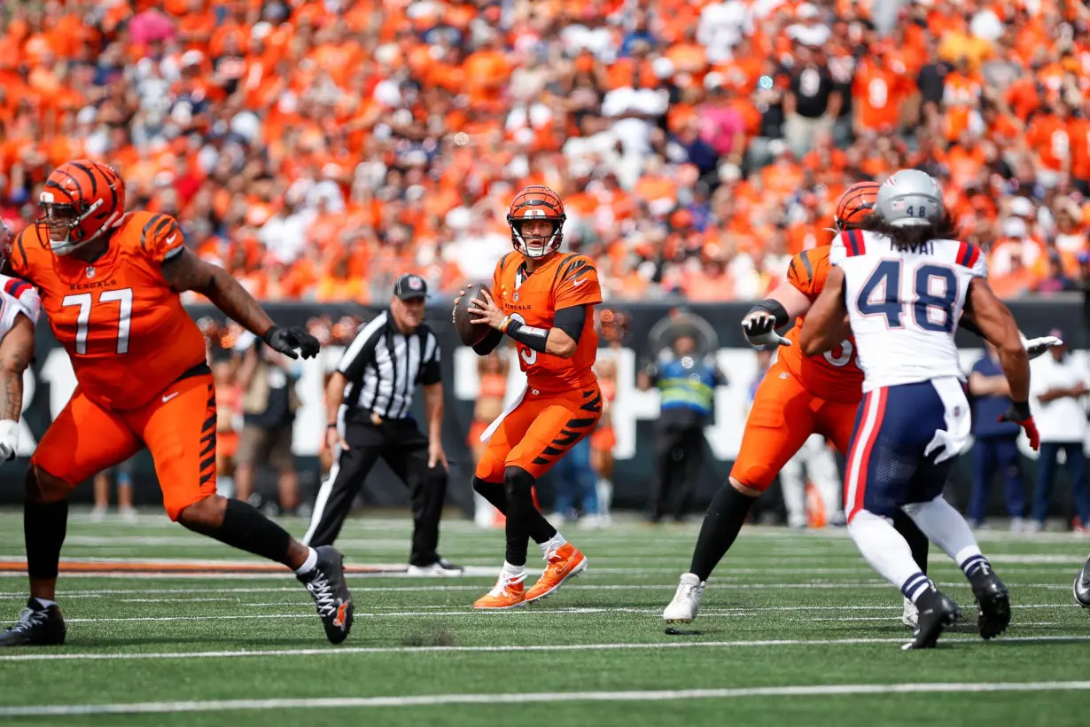 Burrow looks to pass against the New England Patriots.