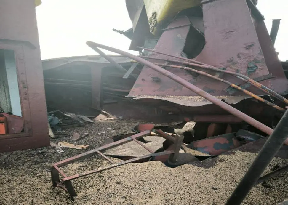 View shows a civilian cargo vessel damaged by a Russian missile strike in the Black Sea