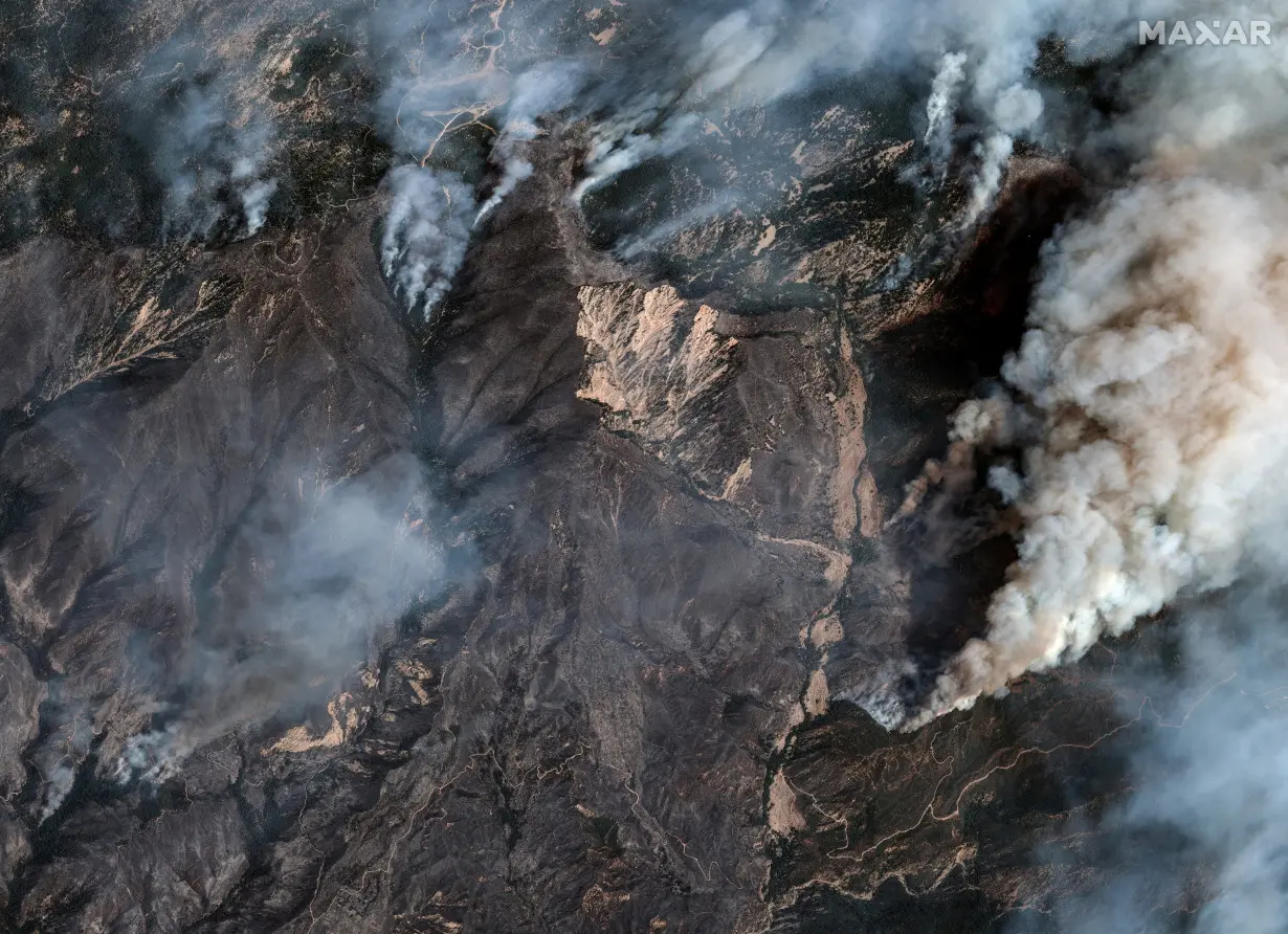 A satellite image shows a view of the Line fire in California