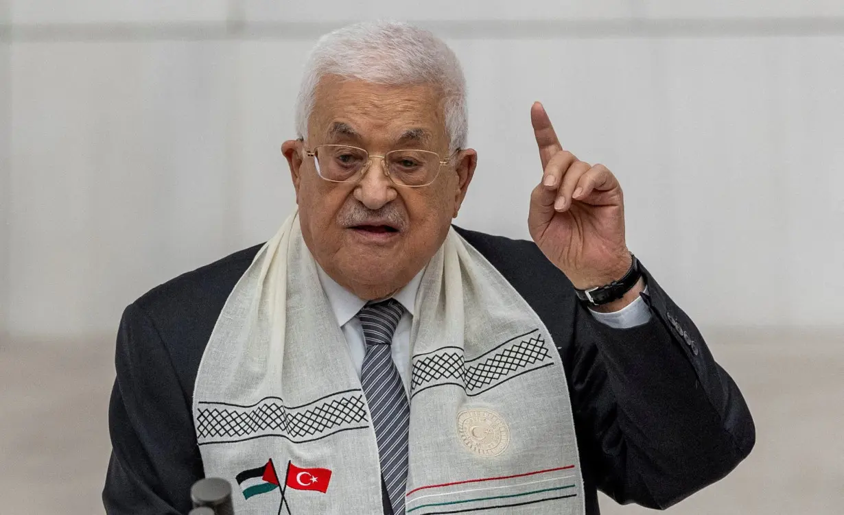 FILE PHOTO: Palestinian President Abbas addresses the Turkish parliament in Ankara