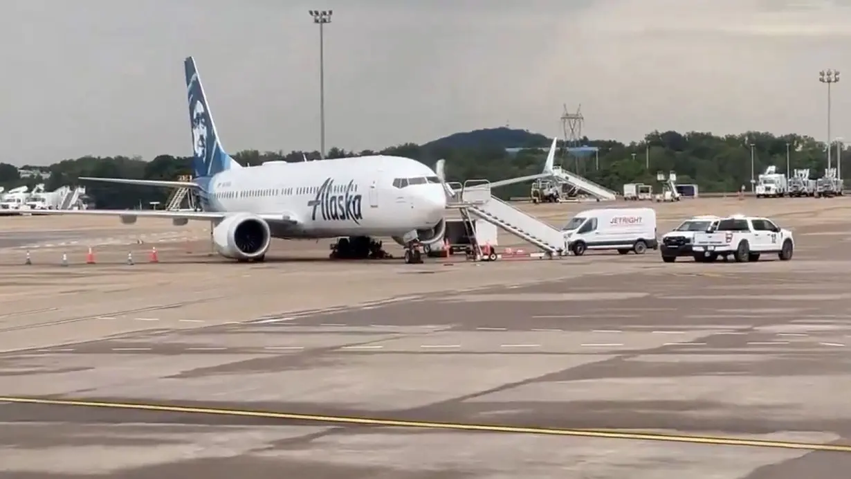 Alaska Airlines flight seen with tire damage after an incident at Nashville International Airport in Nashville, Tennessee, on Thursday, September 12.