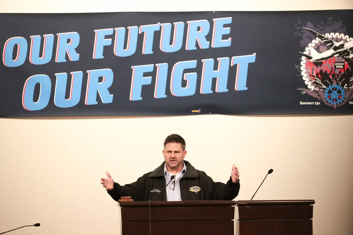 Aerospace Machinists District 751 President Jon Holden announces union members have rejected a proposed Boeing contract and will go on strike, following voting results at their union hall in Seattle, Washington, on Thursday, September 12.