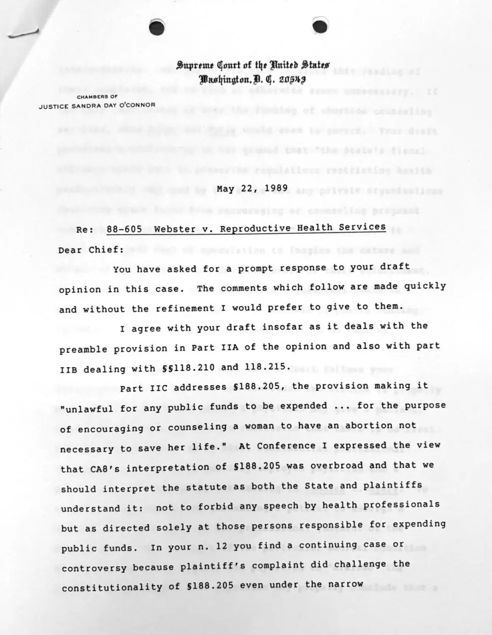 Memo from Justice Sandra Day O'Connor in 1989.