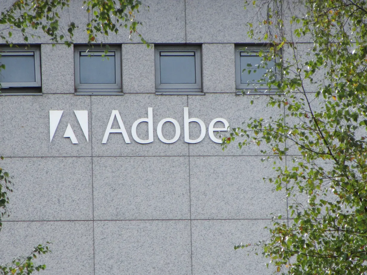 Logo of Adobe Inc. is pictured at the company's office in Citywest Business Campus, Saggart