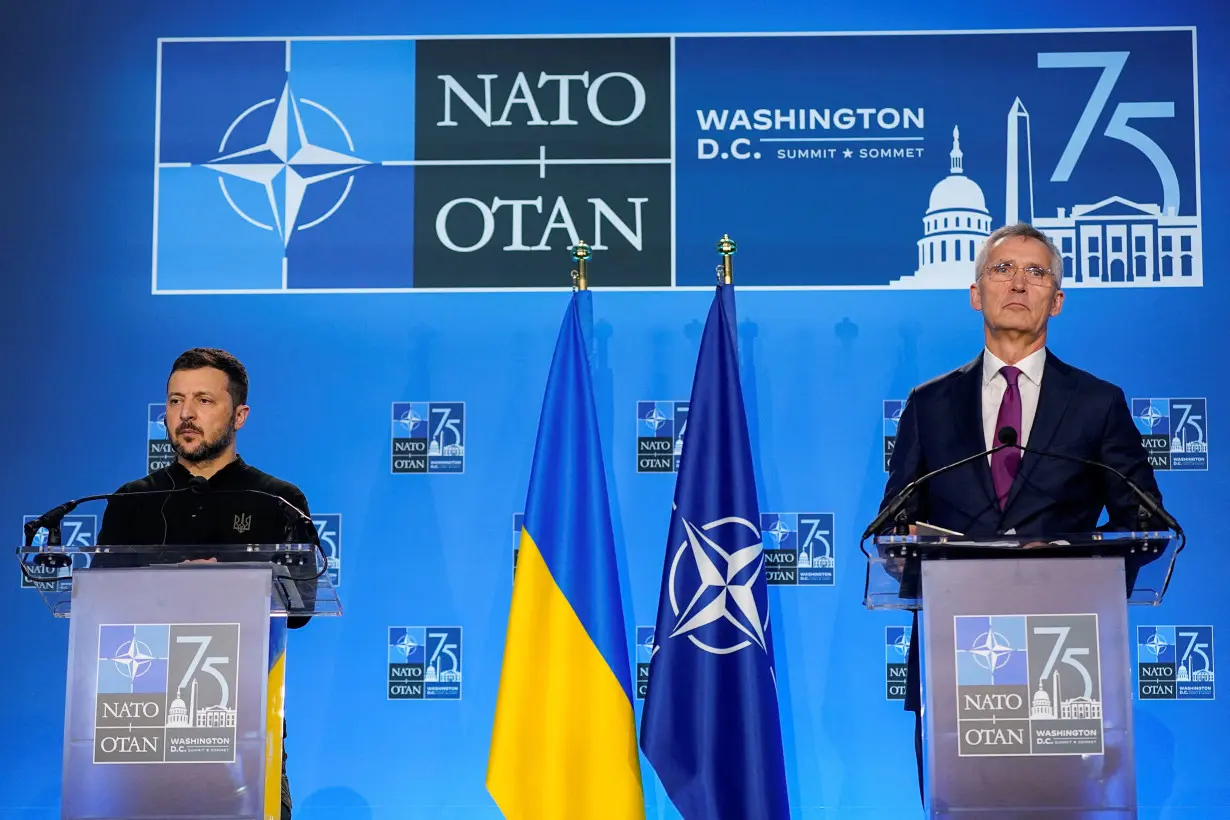 FILE PHOTO: Ukraine's President Zelenskiy and NATO Secretary General Stoltenberg attend press conference, during NATO's 75th anniversary summit, in Washington