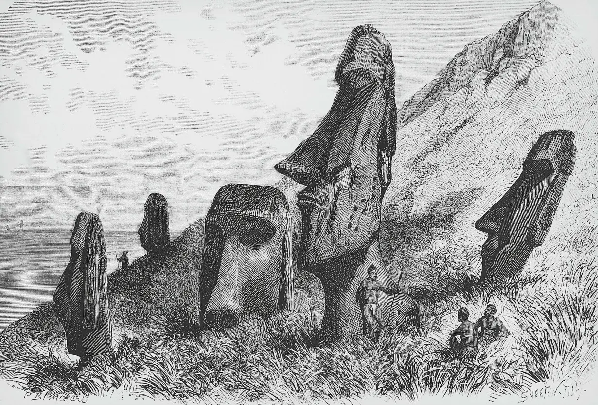 Rapa Nui is today a part of Chile and has long been a source of a fascination. An engraving depicts the giant statues, or moai, at the volcanic crater Rano Raraku.