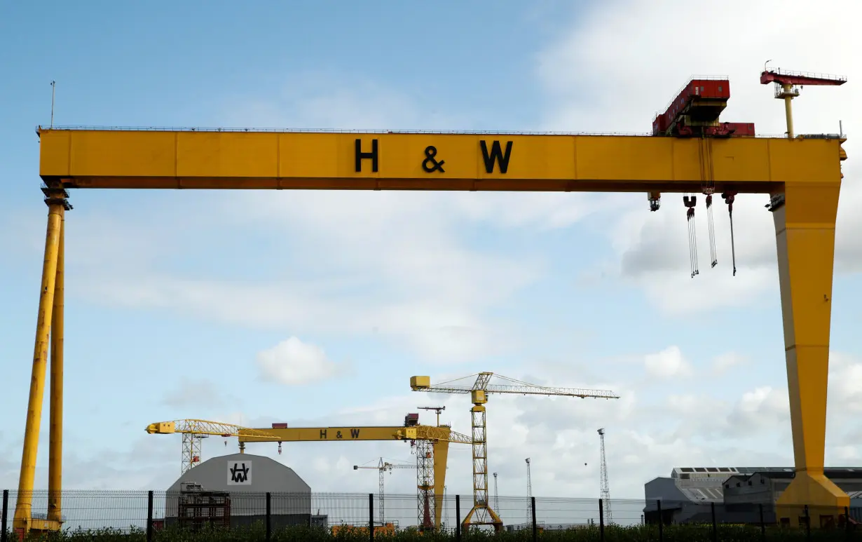 Gantry cranes are seen in the shipyard of Harland & Wolff Shipbuilders