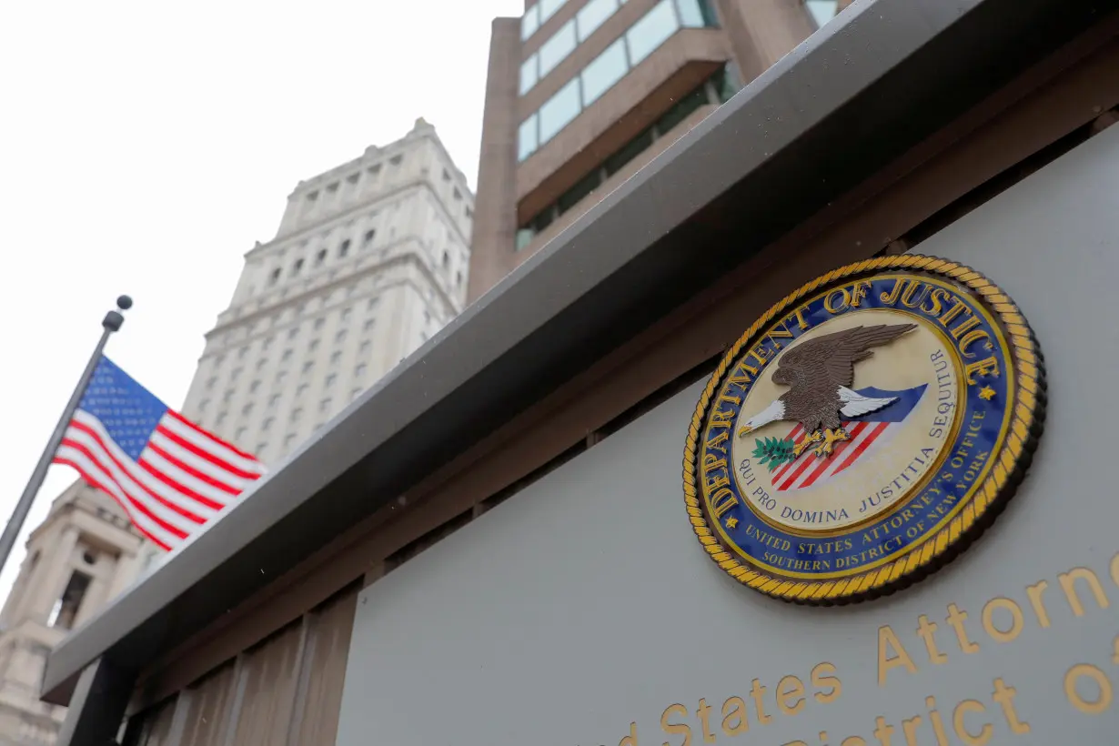 The seal of the United States Department of Justice is seen on the building exterior of the United States Attorney's Office of the Southern District of New York in Manhattan, New York City