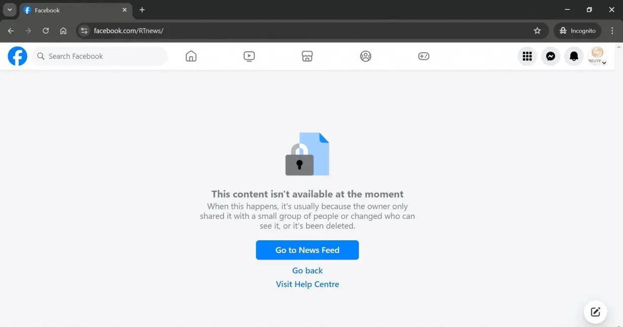 The RT News Facebook page is seen to be unavailable after Meta banned RT and other Russian state media networks from its platforms