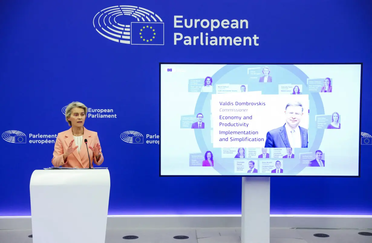 European Commission President Ursula von der Leyen holds a press conference on the suggested structure and portfolios of the college of European Commissioners in Strasbourg