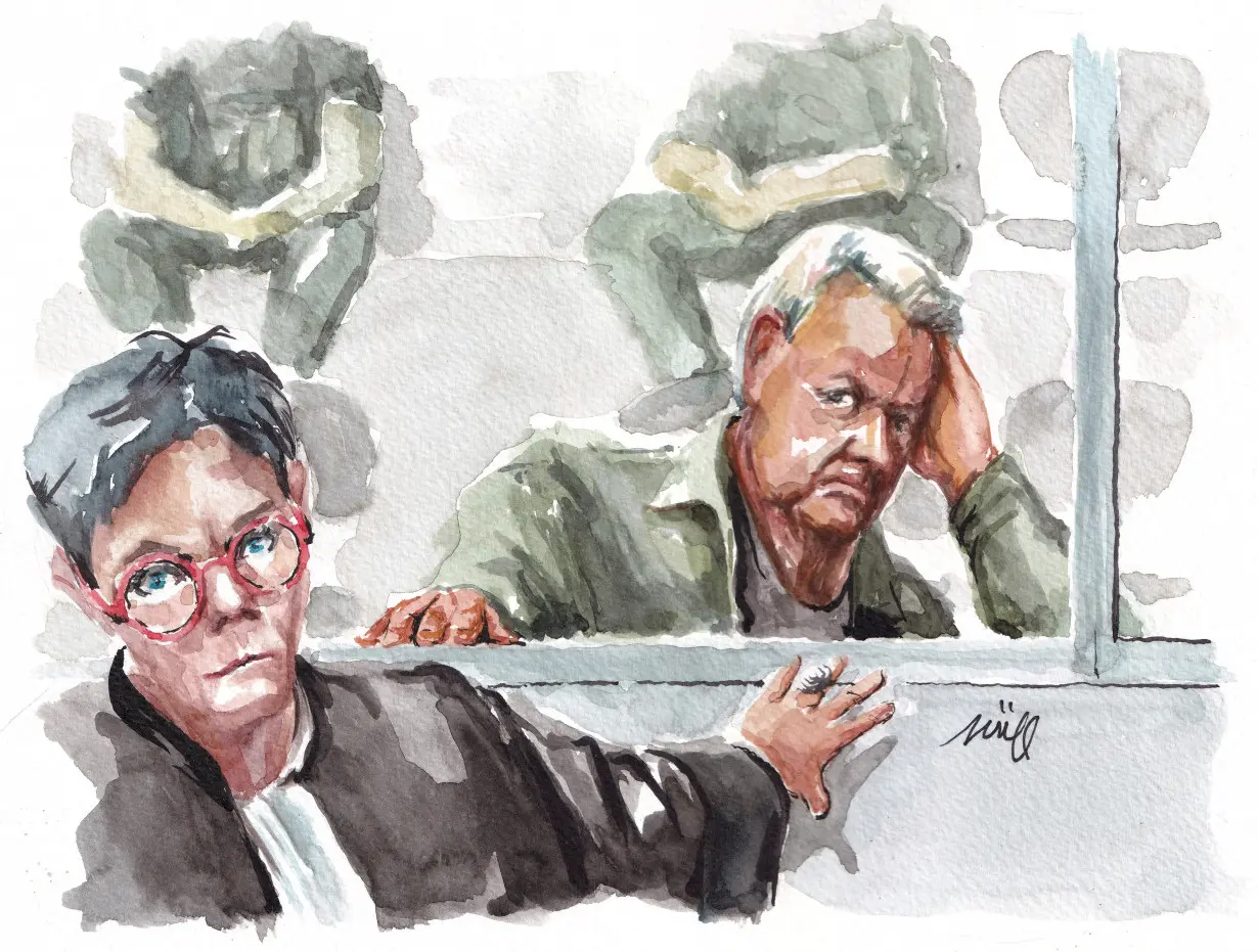 Courtroom sketch of Dominique Pelicot, who appears at the courthouse in Avignon