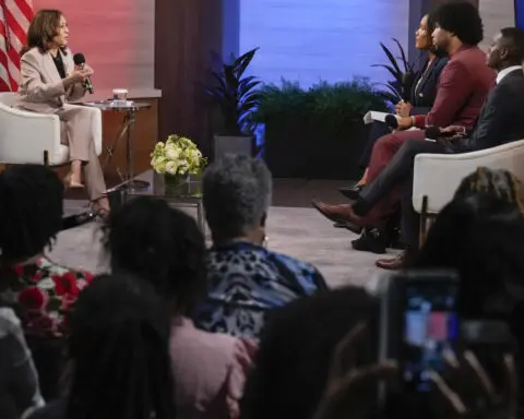 Harris condemns Trump's rhetoric, says voters should make sure he 'can't have that microphone again'