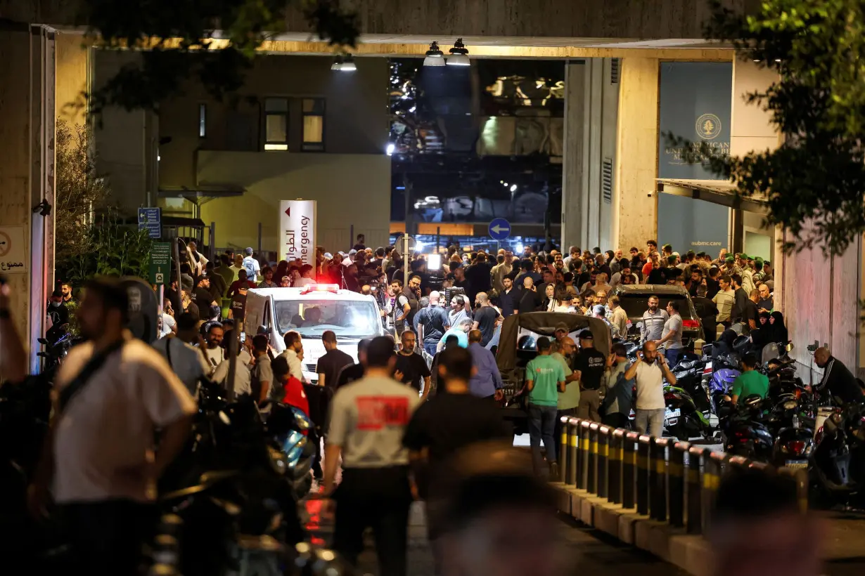 People gather outside the American University of Beirut Medical Center.