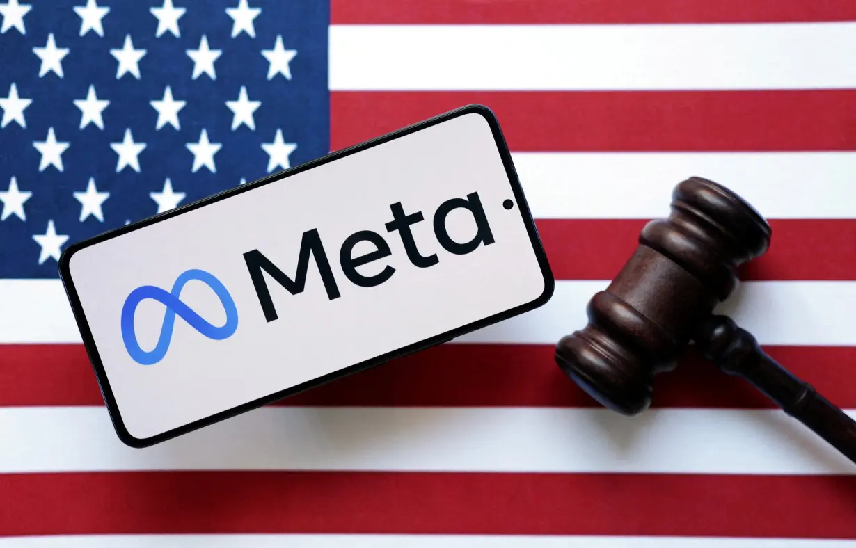 FILE PHOTO: Illustration shows Meta logo, U.S. flag and judge's gavel