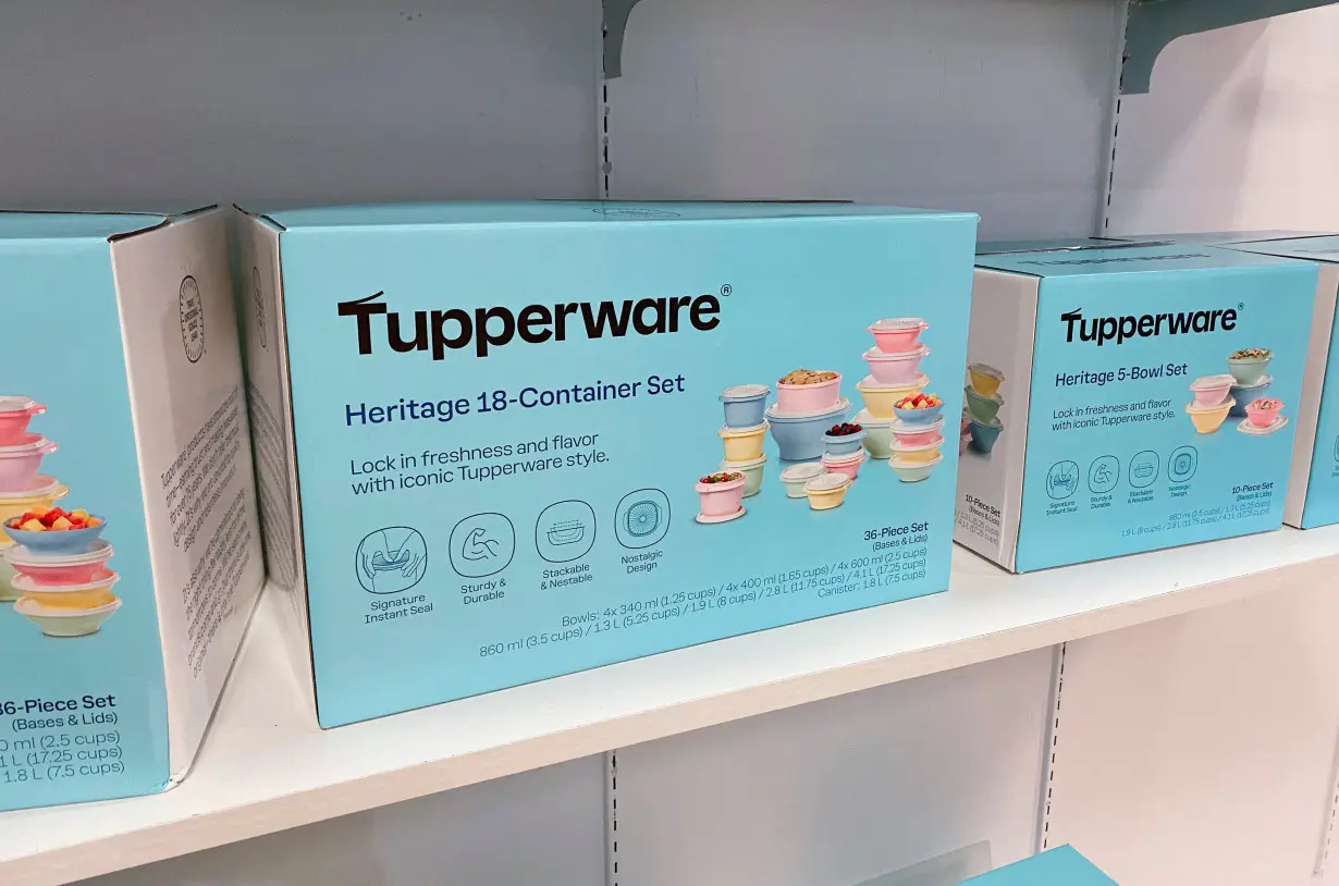 Boxes with tupperwares are displayed on shelves for sale in the kitchen department of a store in Dearborn