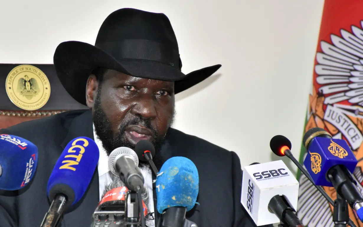 South Sudan's President Salva Kiir addresses a news conference at the State House in Juba