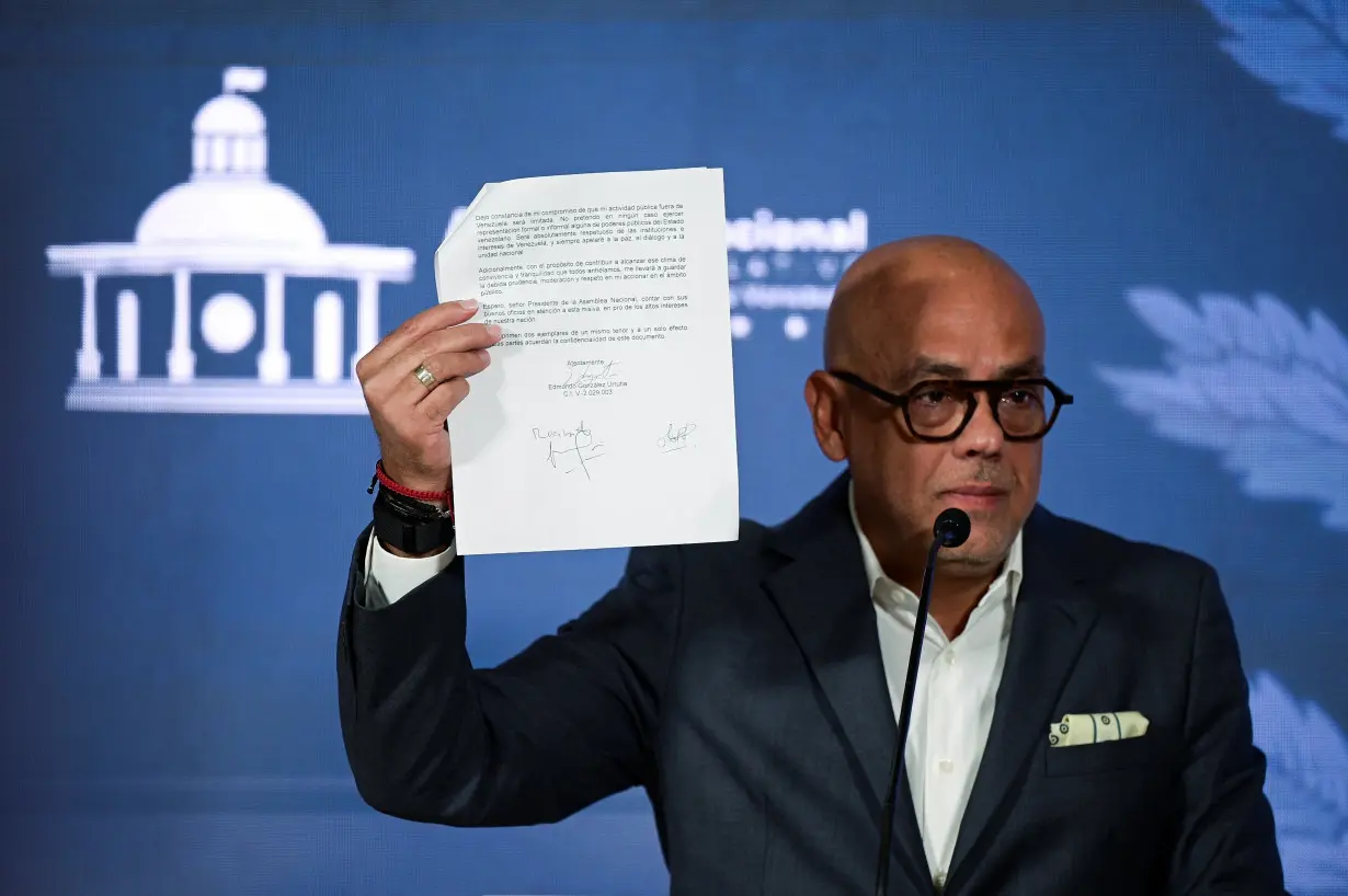 Venezuela's National Assembly President Jorge Rodriguez speaks during a press conference in Caracas