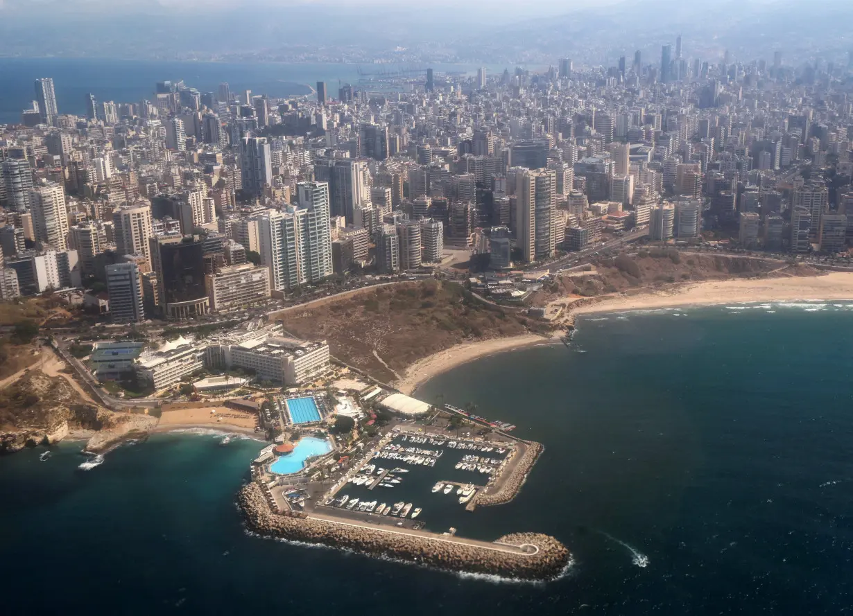 An aerial view from an airplane window shows the Lebanese capital Beirut