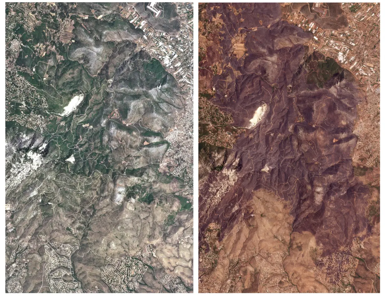 A combination picture shows satellite images of Mount Penteli before and after wildfires