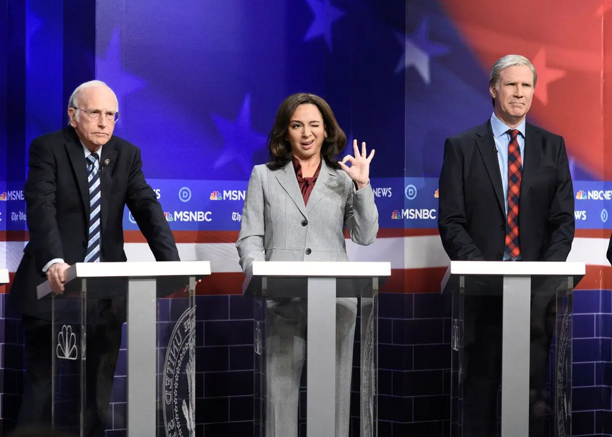 Larry David as Bernie Sanders, Maya Rudolph as Kamala Harris and Will Ferrell as Tom Steyer on 'Saturday Night Live' in 2019.