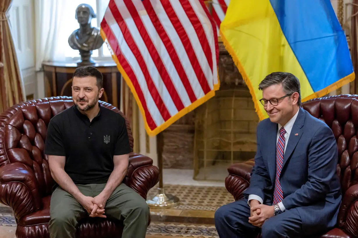 FILE PHOTO: U.S. House Speaker Johnson meets with Ukrainian President Zelenskiy in Washington