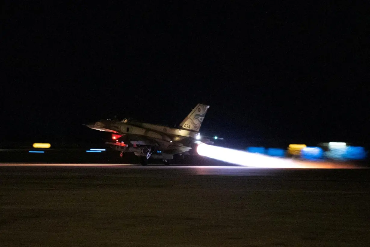 An Israeli fighter jet takes off at an unidentified location to conduct strikes on Hezbollah targets in southern Lebanon