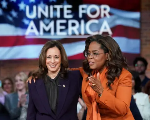 Kamala Harris joins Oprah Winfrey in emotional campaign event