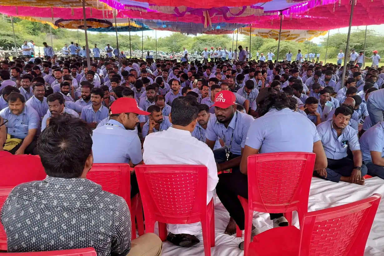 FILE PHOTO: Workers of a Samsung facility strike to demand higher wages at its Sriperumbudur plant