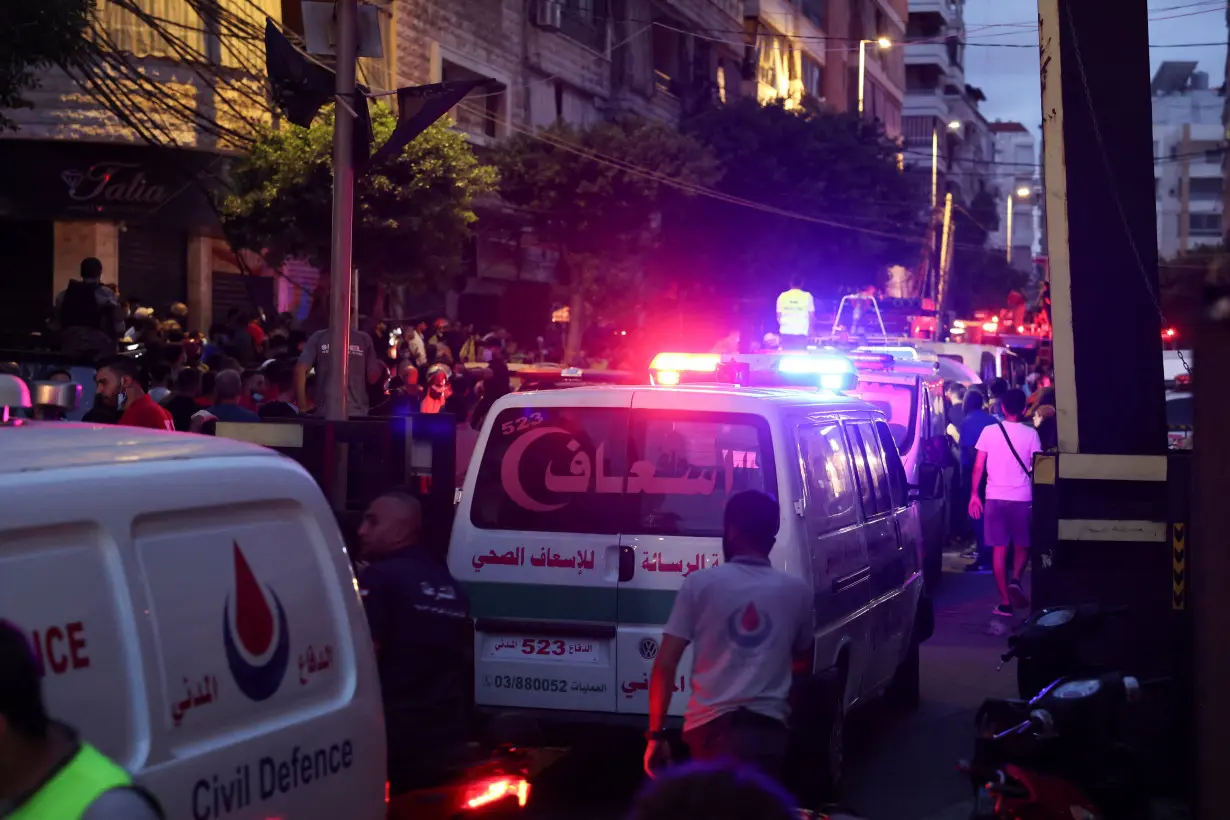 Ambulances near the site of an Israeli strike in the southern suburbs of Beirut